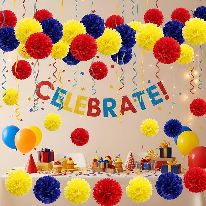 Red Blue Yellow Paper Pom Poms (12 Pack) - Hanging Tissue Flowers for Carnival Circus Birthday Party Ceiling Decorations