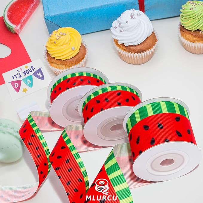 Watermelon Ribbon 3 Rolls Fruit Print Grosgrain Ribbons 5/8", 7/8", 1.5", Watermelon Printed Ribbon for Summer Crafts, Gift Wrapping, Wreaths, Garlands, Party Decorations