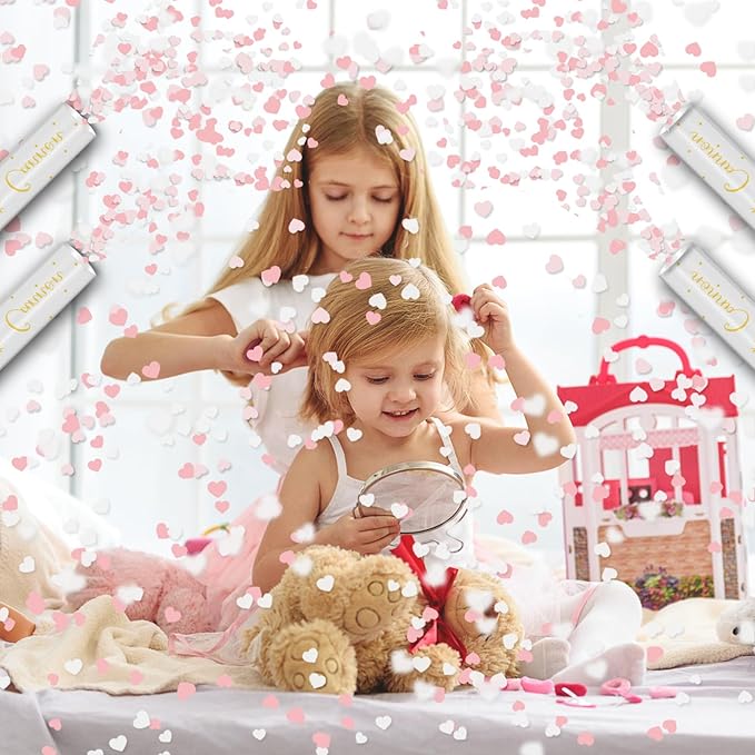 12" Confetti Cannons with Pink & White Heart Filling - Party Poppers for Gender Reveal Baby Shower Bridal Shower Valentine Wedding Anniversary - Easy to Use - Biodegradable Confetti - Pack of 2