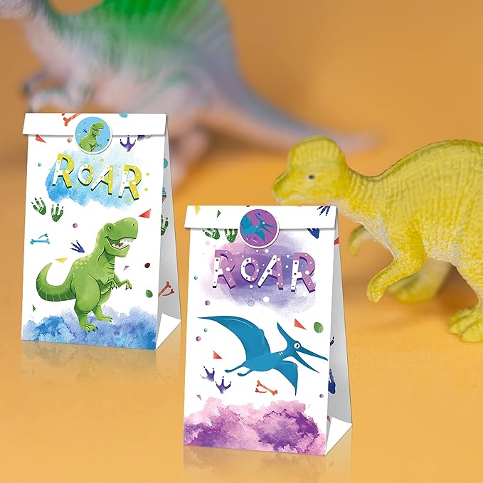 24Pcs Dinosaur Party Favor Bags with 36 Stickers, Watercolor Dino Kraft Paper Gift Bags ,Jurassic Dino Goodie Bags for Kids Birthday,Baby Shower, Dinosaur Themed Party Supplies Decorations