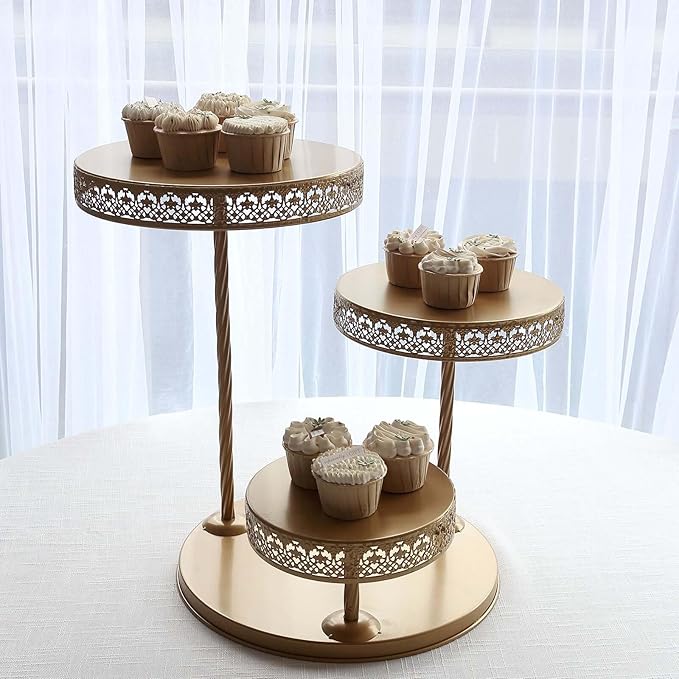 Efavormart 3-Tier Gold Metal Cupcake Tower Dessert Stand, Hollow Lace Design Round Tiered Cake Stand - 21"