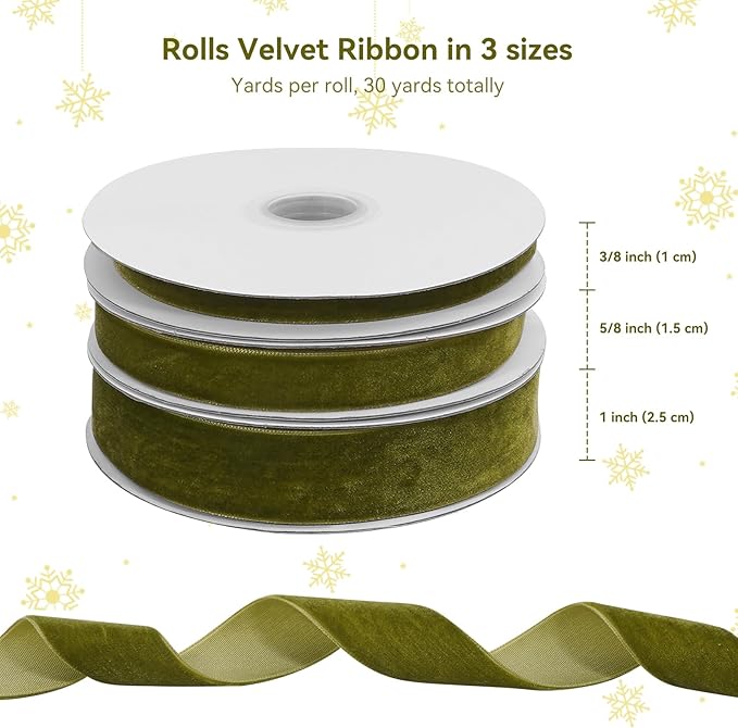 Olive Green Velvet Ribbon for Gift Wrapping, 3 Rolls Vintage Thin Velvet Ribbon Set for Christmas Tree Decoration, 3/8, 5/8, 1 inch Wide, 30 Yards Totally, Thick Christmas Ribbons for Bow Ornaments