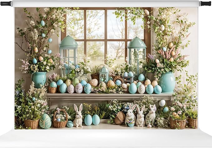 Kate Easter Photography Backdrops Rabbits Colorful Eggs Backdrops for Photoshoot Spring Window Holiday Party Decor Props, 10x6.5ft