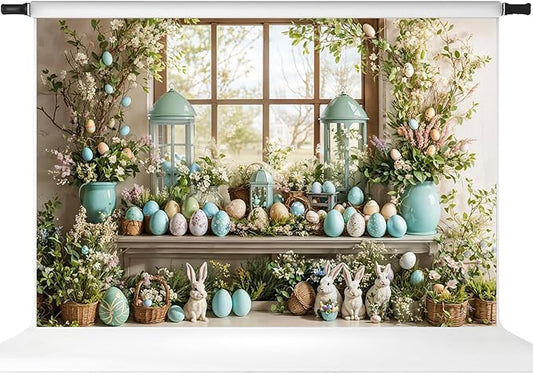 Kate Easter Photography Backdrops Rabbits Colorful Eggs Backdrops for Photoshoot Spring Window Holiday Party Decor Props, 10x6.5ft