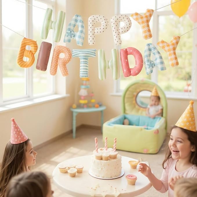 Colorful Happy Birthday Banner Foil Letter Balloon, 14 Inch 3D Plaid, Polka Dots, Stripes Patterned Reusable Mylar Foil Letters, Birthday Decorations (Birthday Banner 1)