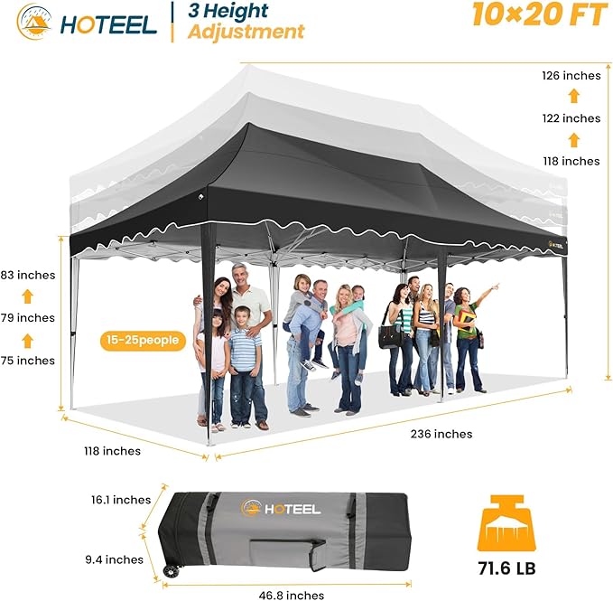 HOTEEL 10×20 Pop Up Canopy, Canopy Tent UV 50+ and Waterproof, Thickened Frame, Large Space Easy Pop Up Canopy, Outdoor Canopy for Weddings, Beaches, Parties, Patio (Dark Black)