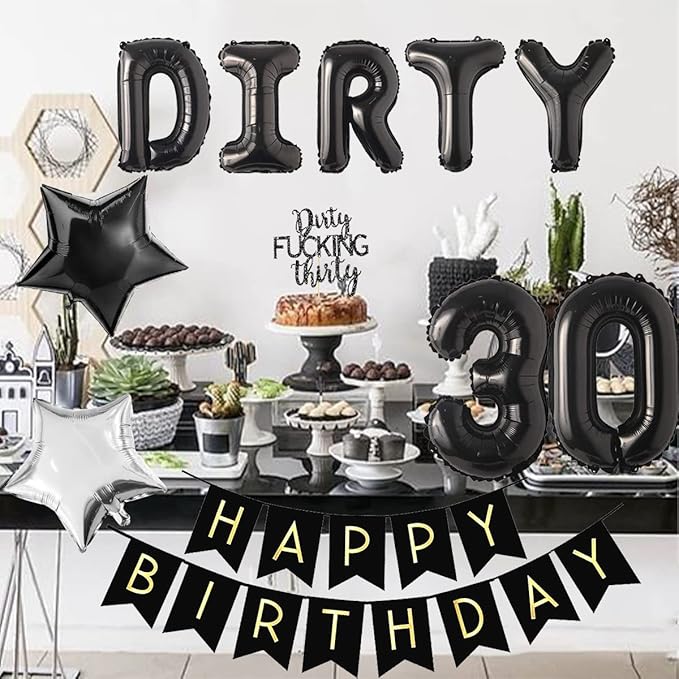 30th Birthday Party Decorations Silver and Black, Dirty Thirty Banner Balloon Dirty 30 Sash Cake Topper for for Her Him 30 Years Old Birthday Party Supplies