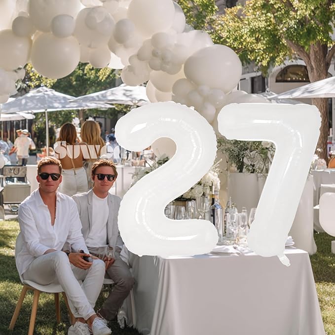 SUWEN 40 Inch White Large 27 Balloon Numbers Big Foil Helium Number Balloons 0-9 Giant Jumbo Happy 27th Birthday Party Decorations for Men or Women Huge Mylar 72 Anniversary Party Supplies