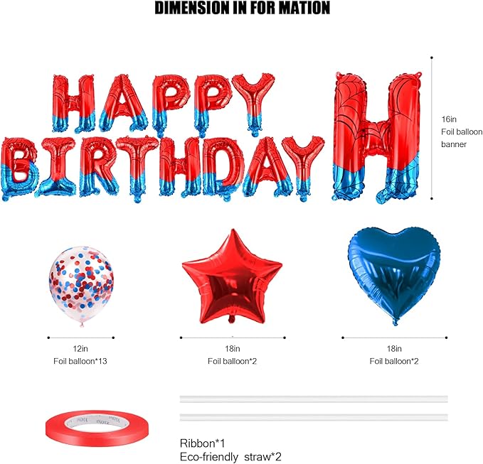 CANREVEL Happy Birthday Banner 16 Inch Mylar Foil Letters with Star & Heart Balloons Spider Theme Birthday Party Decorations for Kids and Adults - 30 Pcs Red & Blue