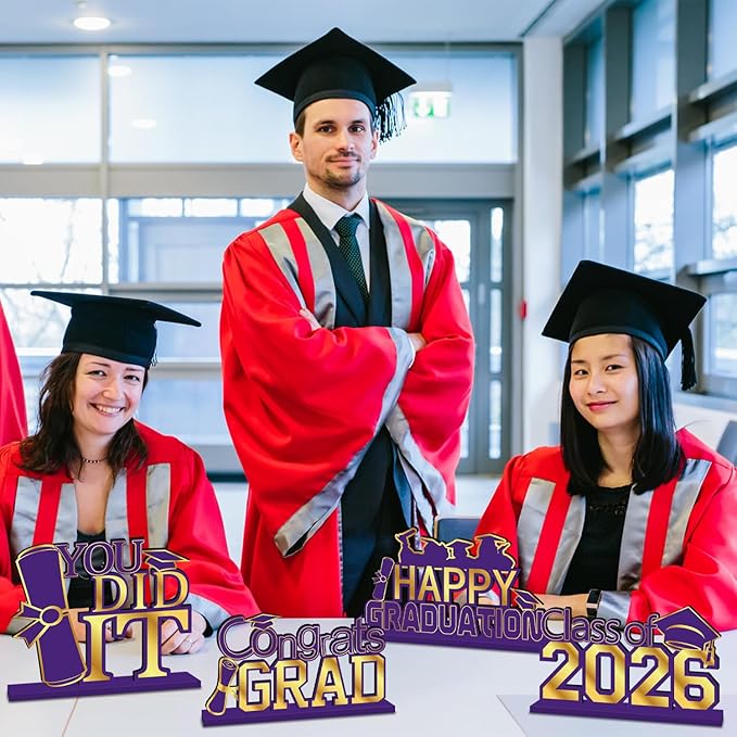 4Pcs Purple and Gold Graduation Decorations 2026 Congrats Grad Wooden Table Centerpieces Class of 2026 Table Sign Decorations for Graduation Centerpieces