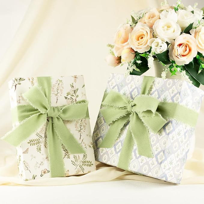 Sage Green Cotton Ribbon 1 Inch Sage Green 3 Rolls 21 Yards Frayed Edge Fabric Set for Wedding Invitations, Bridal Bouquet Wrap, Baby Shower Decor, Garden Party & Gift Wrapping