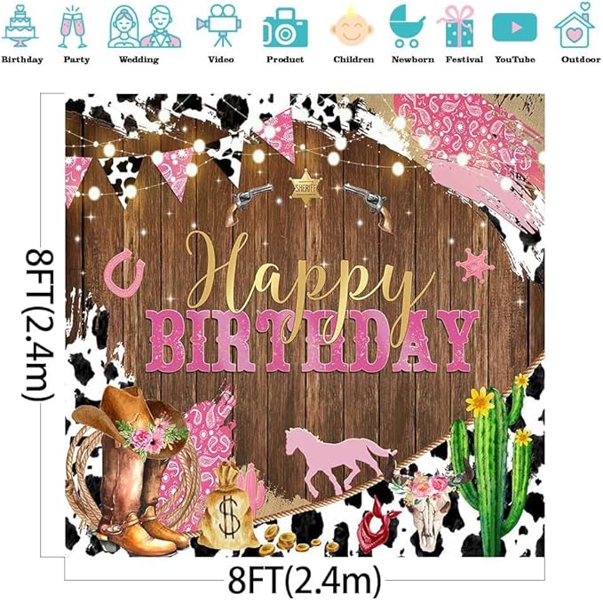 Mocsicka Western Cowgirl Happy Birthday Backdrop Brown Wood Kids Birthday Party Decorations Banner Rustic Old West Rodeo Cowgirl Photography Background Cowgirl Party Supplies (8x8ft(96x96 inch), Pink)