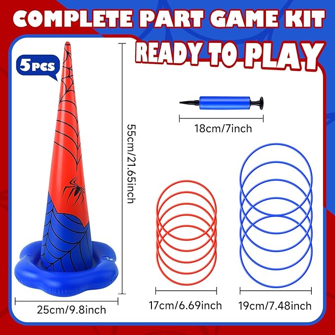 5 Pack Inflatable Spider Web Ring Toss Game - Red and Blue Spider Themed Birthday Party Games with 10 Plastic Rings & Pump, Indoor Outdoor Carnival Toss Toy for Kids Party Favors