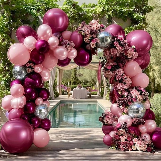 Purple Pink Balloon Arch Double Stuffed Burgungy Pink Pearl Balloons Plum Silver Disco Balloon Garland for Birthday Prom Bridal Shower Mother’s Day Wedding Music Theme Party Decoration