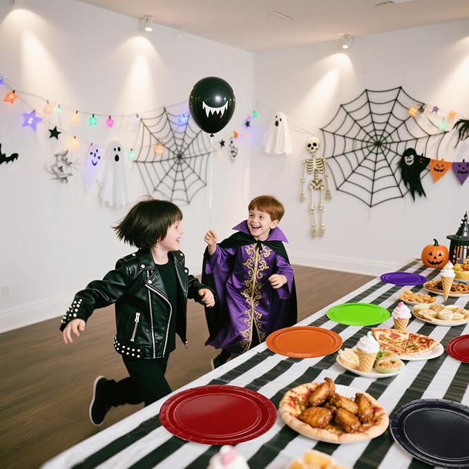 50Pcs Halloween Plates - 9” Black Red Orange Green Purple Round Bulk Dinner Plates for Holiday Picnic Celebrations Halloween Party Decorations