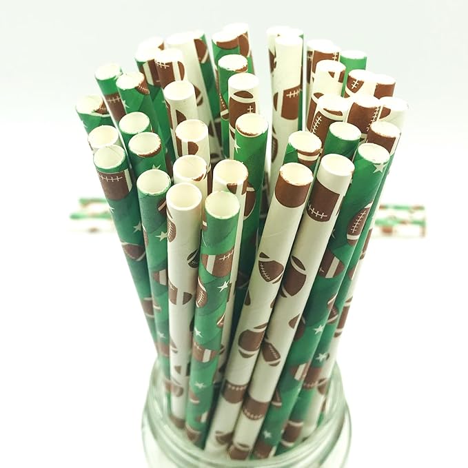 100 pcs Sports Party Paper Straws, Green White Brown Rugby Football Bar Soda Beer Beverage Drinking Straws, Biodegradable Game Day Decor Touch Down Craft Cake Pop Sticks (Football Mixed)