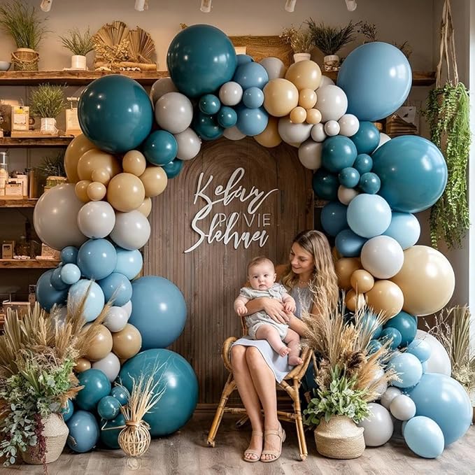 Dusty Blue Tan Balloon Garland Double Stuffed Slate Pastel Blue Brown Nude White Sand Latex Balloons Arch Kit for Neutral Birthday Baby Shower Gender Reveal Bridal Wedding Bear Party Decorations