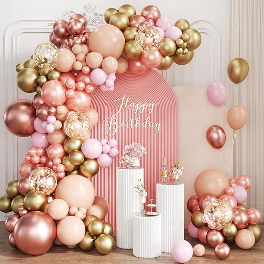 Pink and Gold Balloon Garland Arch Kit, 167Pcs Metallic Pearl Rose Gold Pastel Pink Nude Latex Balloons for Women Girl Princess Birthday Engagement Wedding Party Decorations