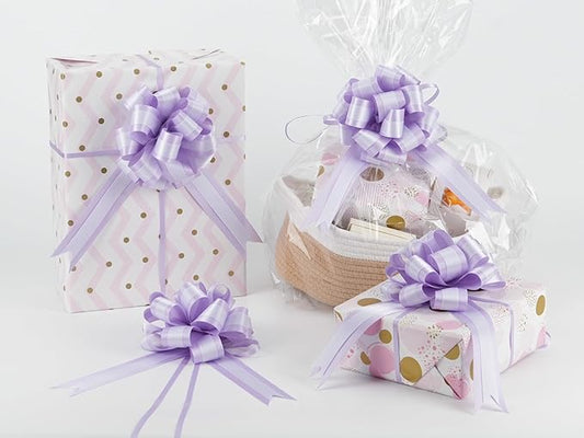 HUIHUANG Purple Bows for Gift Wrapping 6" x 10" Lilac and Purple Double Layer Satin Pull Bows 12 PCS Gift Bow for Presents, Easter Gift Basket, Gift Box, Birthday Wedding Party Decor