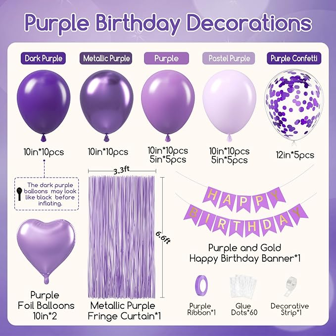 Purple Birthday Decorations for Women with Metallic Dark Pastel Purple Confetti Foil Balloons Fringe Curtain Banner for Women Birthday Decorations
