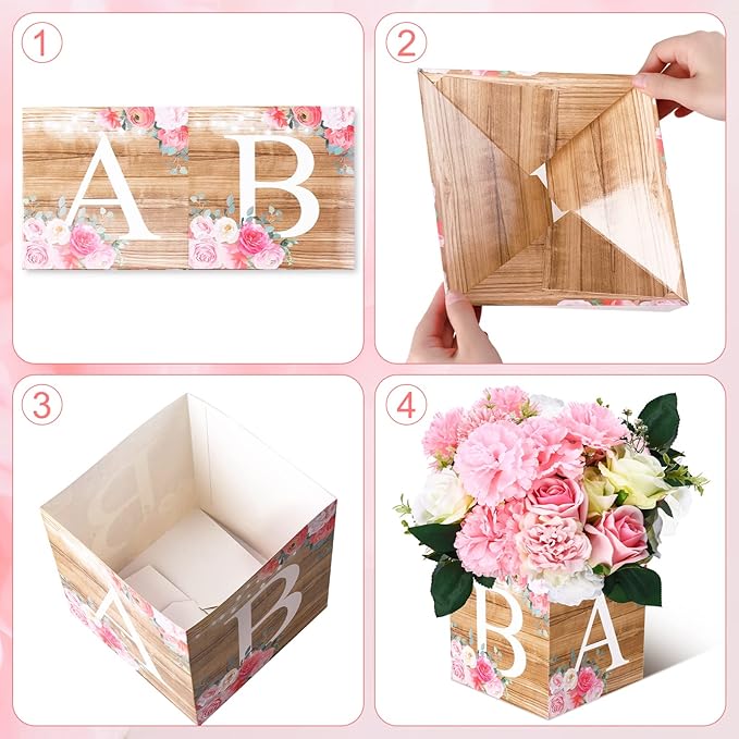 Bucherry 6 Pcs Baby Shower Centerpieces with Letters, 7" Baby Blocks Flower Boxes for Table Decorations, Gender Reveal Party Supplies & Photo Props(Wooden Color,Rustic Floral)