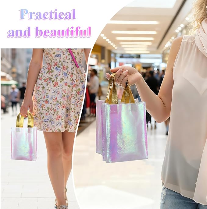 Xosjska 20 Pieces Iridescent Gift Bags Bulk Glossy Reusable Grocery Bag Holographic Gift Bags Pink Non Woven Tote Bag with Handles for Shopping Birthday Party Wedding(6 x 3 x 8 Inch, Pink)