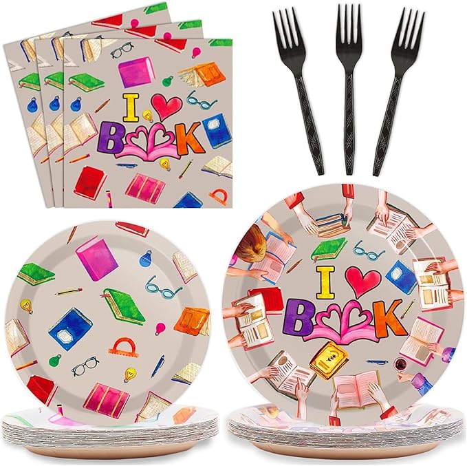 Wiooffen 96 Pcs Book Club Birthday Party Plates Napkins Tableware Set Back to School Party Supplies Disposable Dinnerware Books Decoration Favors for Library Reading Party Table Decor, 24 Guests