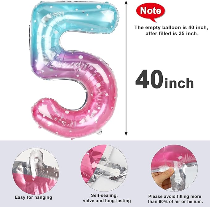 Balloon Numbers 40 Inch 5 Ballon for 5th Birthday Decorations, 15 25 35 50 Big Pink Purple Blue Number Balloons for Wedding Photo Shoot Party Decor