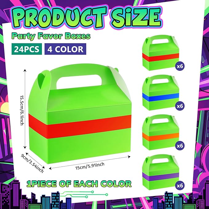 Marspark 24 Pack Green Turtle Anime Birthday Party Supplies, Paper Gift Boxes, Cartoon Candy Treat Boxes for Anime Themed Birthday Party Decorations(Green Pattern)