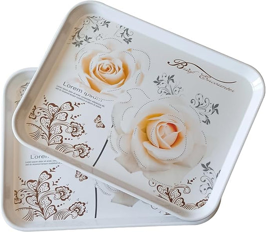 Large Serving Platter Melamine Trays 2 Pack Stackable Food Tray with Floral Print for Gift, Party, Decor, Home, Restaurant (Gold Rose, Large)