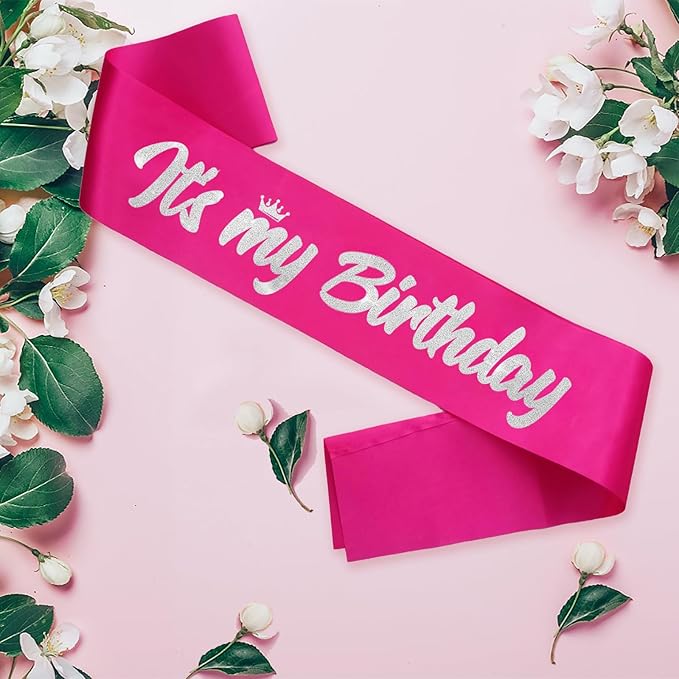 It's My Birthday Sash Hot Pink with Glitter Silver Letters Happy Birthday Sash for Women Girl Bday Gift Ideas Party Favors