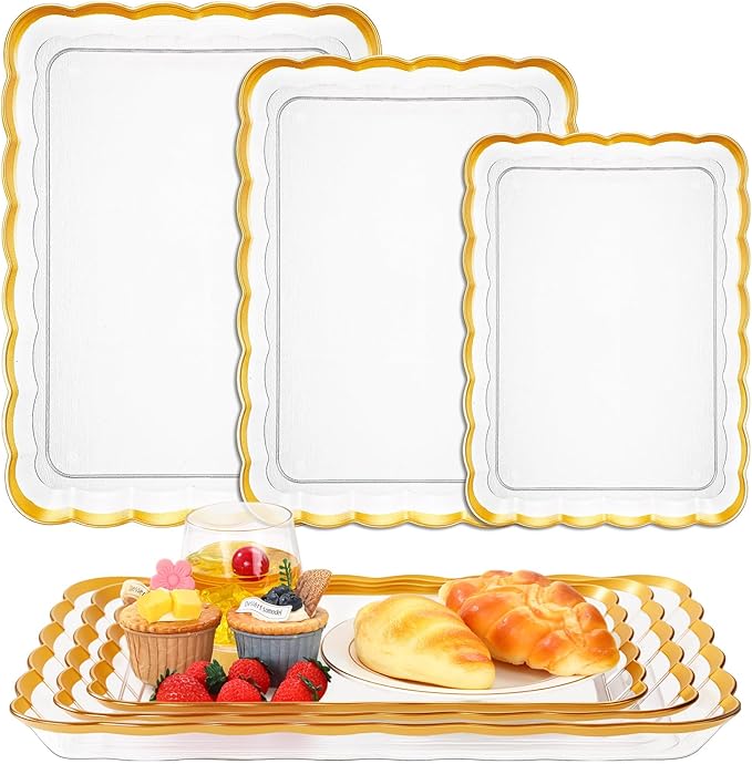 Rtteri 6 Pcs Clear Plastic Serving Trays with Gold Trim, 14 x 10, 16 x 11, 18 x 12. 5 Rectangular Acrylic Wave Serving Platters, Reusable Transparent Fruit, Appetizer Trays for Party, Wedding