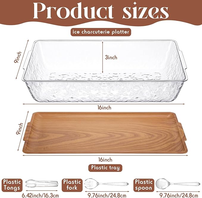 Baderke 1 Set 16" x 9" Chilled Serving Tray for Parties with Compartments Ice Chilled Party Crudite Platter Charcuterie Serving Board Cold Dish Dip Tableware for Seafood Vegetable (Light Wood)