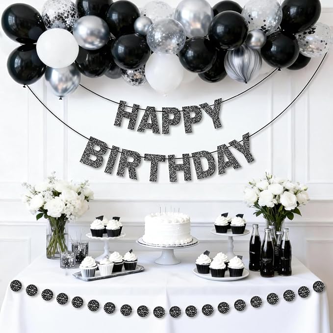 GCQQ Black Happy Birthday Banner Set - No DIY Glitter 3M Birthday Banners and 2.5M Dot Garlands Pre-Strung Black Theme Party Decorations for Men Women Birthday Party Backdrop