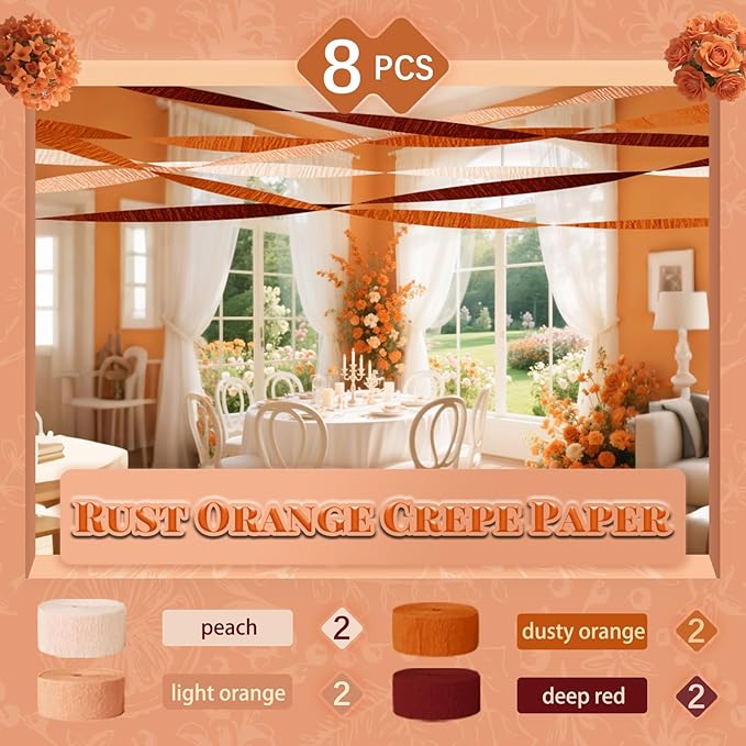 NICROHOME EUR Wedding Decorations, 8 Rolls Rust Orange Brown Crepe Paper Streamers for Rustic Fall Wedding, Bridal Shower, Retro Party, Spring, Summer Decor, Birthday, 82 Ft Long