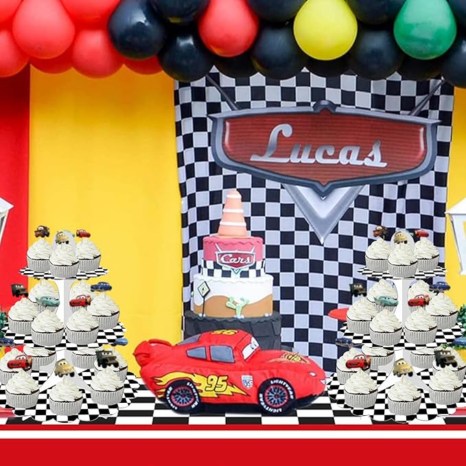 3-Tier Racing Theme Cupcake Stand,Cars Theme Decoration,Black White Checkered Design,Car Theme Dessert Stand for Race Car Birthday Party Decorations (1-Pack)
