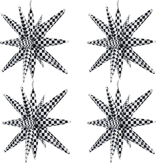 TONIFUL 4 Pcs 22inch 4D Checkered Explosion Star Mylar Balloons 14Point Checkered Star Balloons for Racing Themed Party Decorations Fast Race Car Birthday Baby Shower Photo Booth Backdrop Supplies