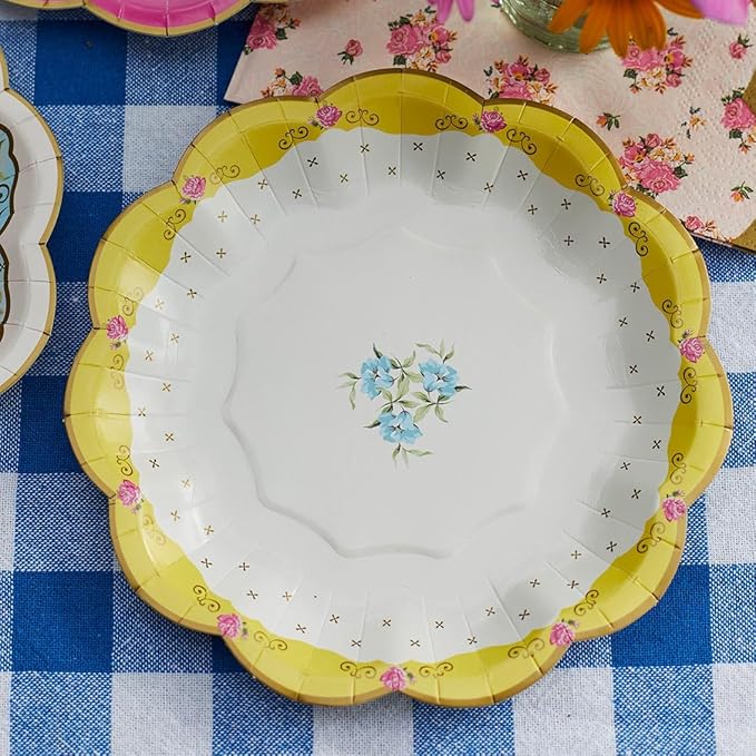 Talking Tables 24 x 7" Vintage Floral Paper Plates for Mothers Day, Tea Party, Scalloped Floral Disposable Plates for Garden Party, Birthday, Bridal Shower, Bachelorette Tableware