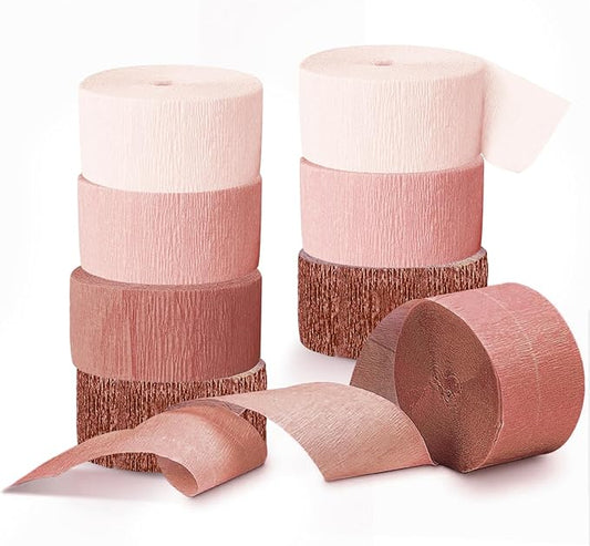 NICROLANDEE Wedding Party Supplies - 8 Rolls Rose Gold Crepe Paper Streamers Tassels Streamer Paper for Wedding Valentine's Day Birthday Baby Bridal Shower Family Gathering Decorations, 82ft Long