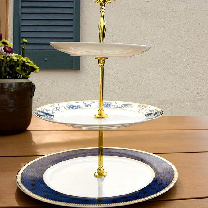 ACMLIFE Porcelain Cake Stand, White and Blue Bone Cupcake Stand, 3 Tier Wedding Cake Stand, Dessert Stand, Afternoon Tea Display Stand (Bone china 3)