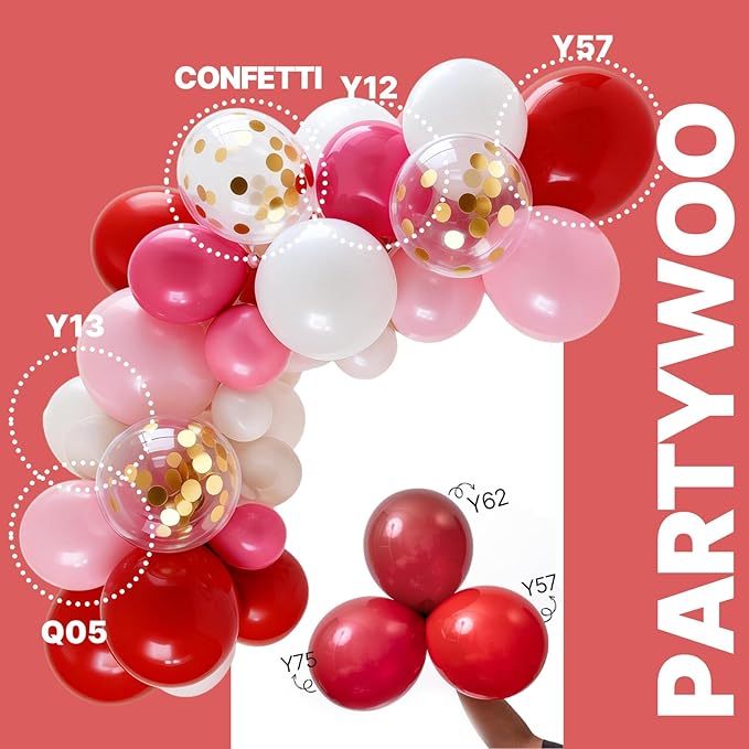 PartyWoo Pink and Red Balloons 66pcs 12 Inch Hot Baby Pink Matte Red White Gold Confetti Balloons for Valentine's Day Engagement Weedding Bachelorette Girl Princess Birthday Party Decorations