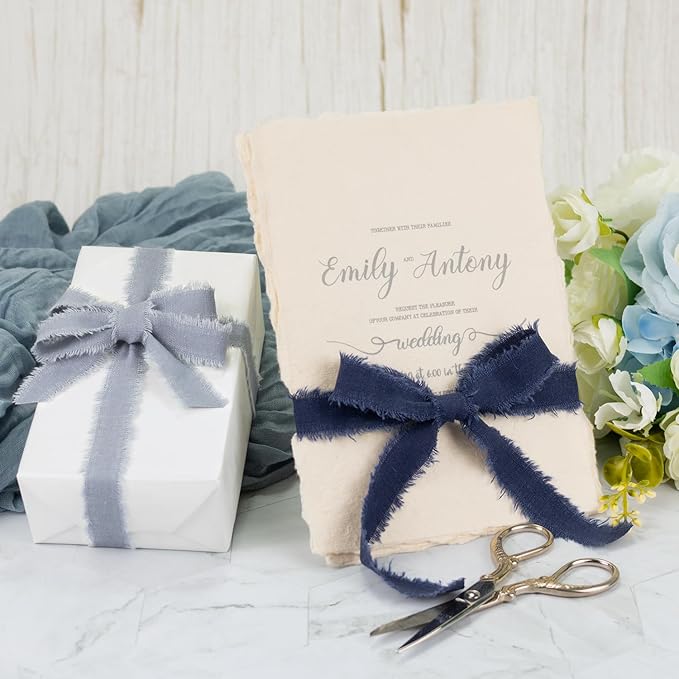 Dark Blue Cotton Ribbon 5/8 Inch Navy Blue, Dusty Blue & Baby Blue 3 Rolls 21 Yards Frayed Edge Fabric Set for Formal Wedding Decor, Graduation Party, Father's Day, Gift Wrapping & DIY Crafts
