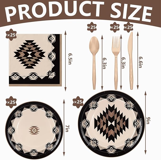 FYSUIMU 150 Pcs Western Theme Tableware Set Simple Modern Aztec Disposable Dinnerware Disposable 7" 9" Plate Paper Napkin Plastic Knives Forks Spoons, Serves 25