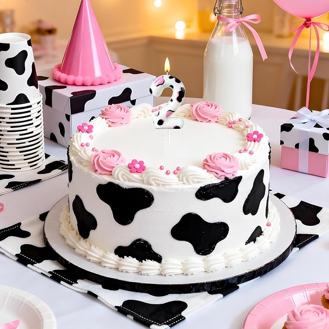 Number 2 Birthday Candle for Cake – Cow Print Design in White Black Pink – Farm Theme & Cowgirl Party Cake Topper Decoration