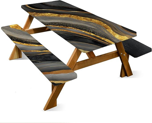 ANNA QUEEN 6FT Black Gold Picnic Table Cover with Bench Covers Picnic Table Cover Set 3PCS 72"x30", Waterproof Outdoor Bench and Tablecloth Furniture Protection for Camping Beach BBQ Patio Backyard