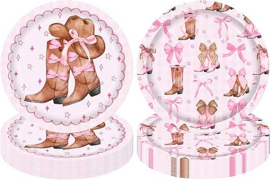 umoni Coquette Cowgirl Bow Party Supplies 48PCS Western Brown Boots Disposable Plates 9-Inches Cowgirl Bow and Hat Dessert Plates Pink Rodeo Themed Party Decor for Wild West Bachelorette Baby Shower