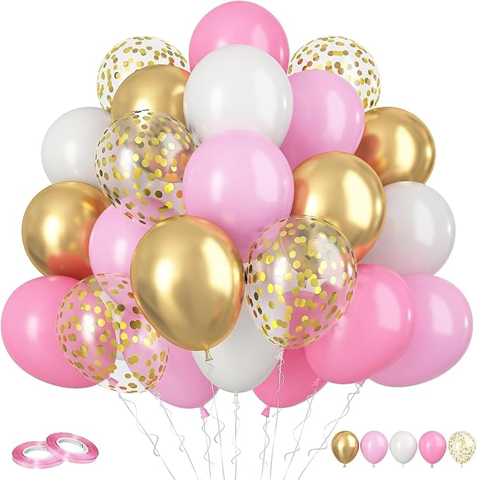 Pink and Gold Balloons 60PCS Pink White and Gold Balloon Set, 12 Inch Metallic Golden Confetti Latex Balloons for Women Girls Birthday Baby Shower Bridal Shower Wedding Princess Party Decor