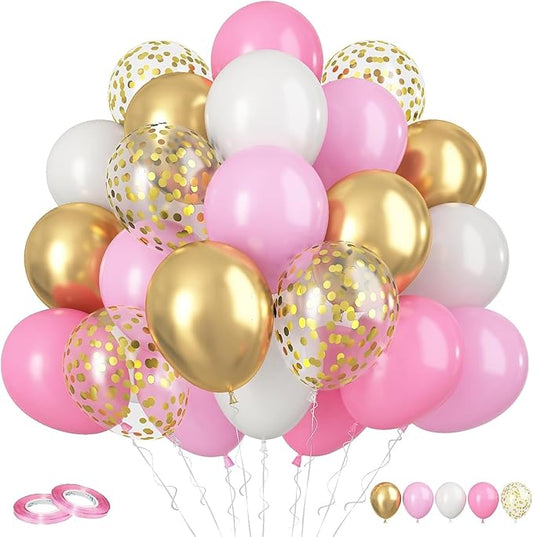 Pink and Gold Balloons 60PCS Pink White and Gold Balloon Set, 12 Inch Metallic Golden Confetti Latex Balloons for Women Girls Birthday Baby Shower Bridal Shower Wedding Princess Party Decor