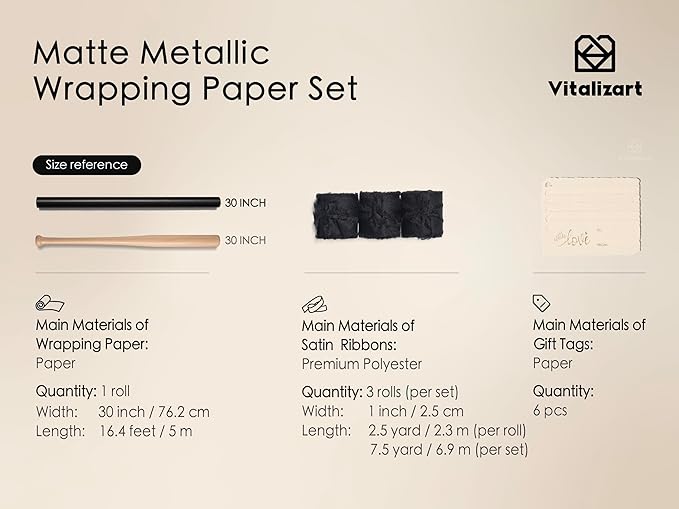 Vitalizart Black Matte Metallic Wrapping Paper Set 30" With Silk Satin Ribbon & Gift Tags Christmas Gift Wrapping Birthday Baby Shower Wedding Bouquets Handmade Crafts 197"(16.4 Ft) Black Ribbon