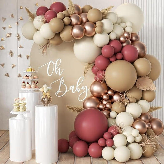 MEBAY Red Brown White Gold Balloon Arch Kit, 166Pcs Boho Ruby Red Balloons Garland for Valentine's Day Wedding Bachelorette Birthday Mother's Day Graduation Party Decoration